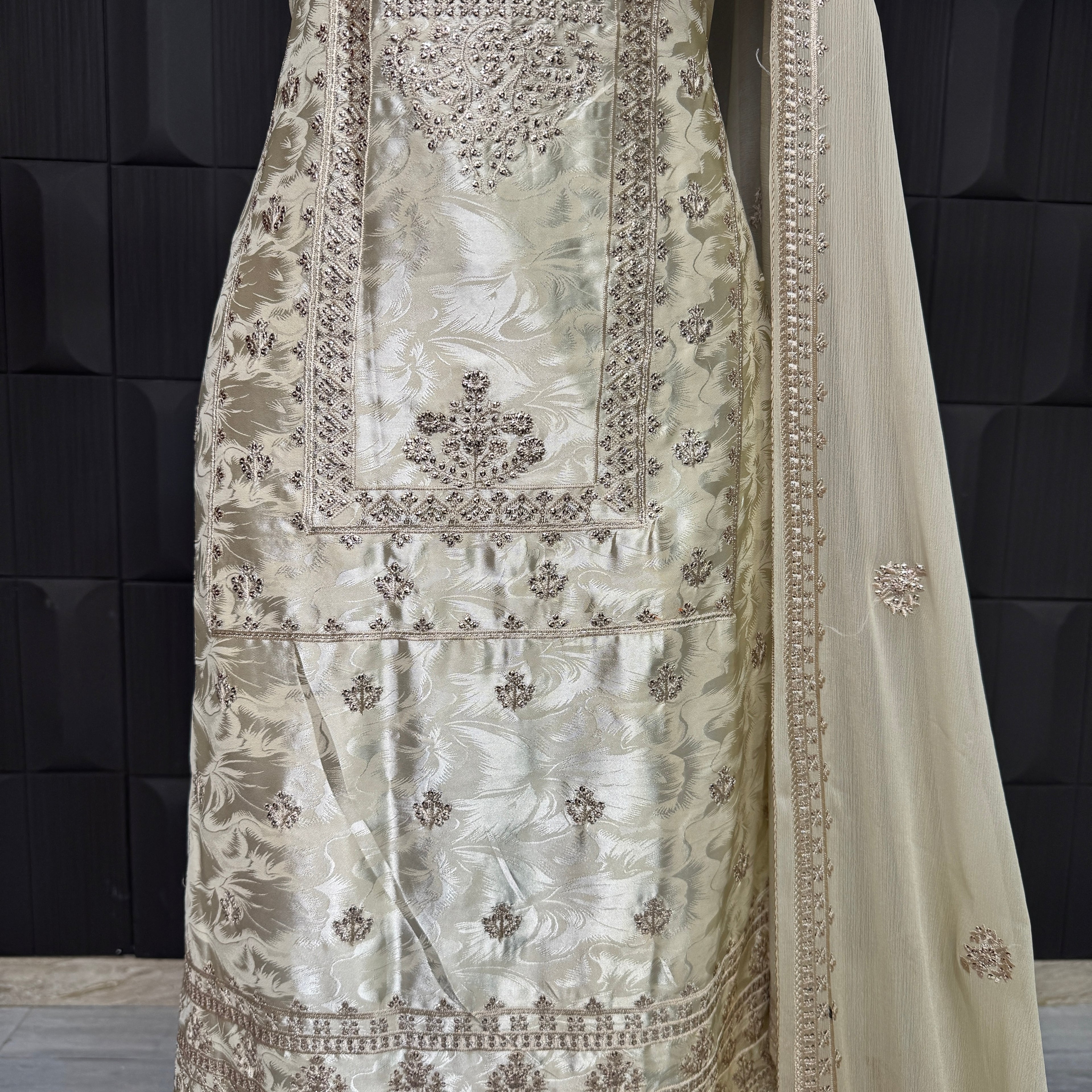 Party Wear Thread Embroidery Work 4pcs Unstitched Suit Silk China Patti - PWT006