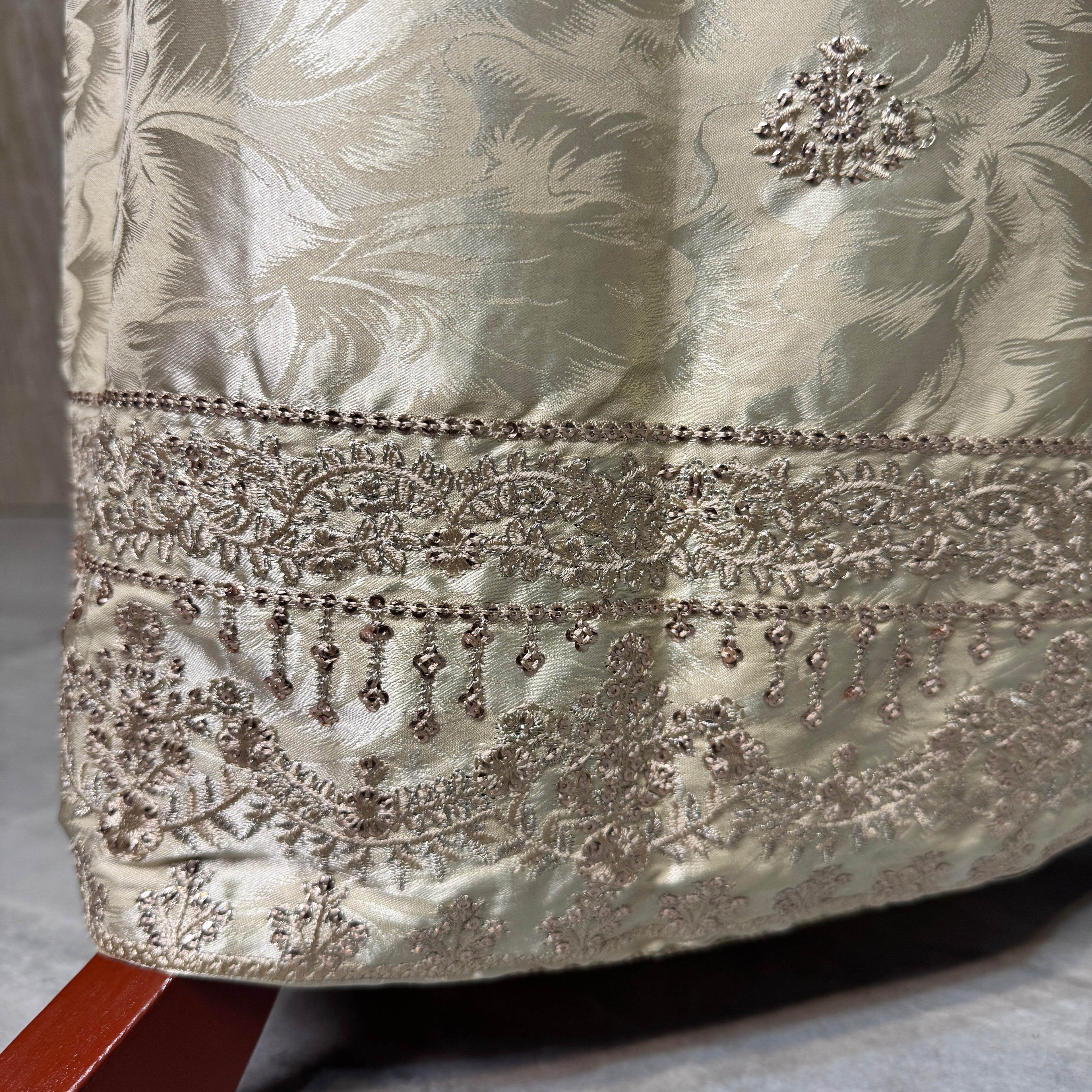 Thread work embroidery suit PWT006 skin gold – silk china patti with embroidery thread work and grip fabric inner Pakistan
