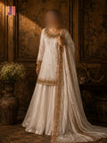 Party wear dresses in Pakistan PW032 shirt view – off-white sheesha silk with kora nakshi and sequin embroidery on neck and bottom
