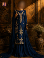 Party wear PW035 full view – blue tassel silk with kora dabka hand work Pakistani party wear dress for women