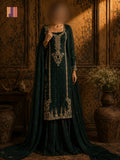 Party wear PW033 full view – bottle green tassel silk with kora dabka hand work Pakistani party wear dress for women
