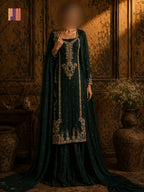 Party wear PW033 full view – bottle green tassel silk with kora dabka hand work Pakistani party wear dress for women
