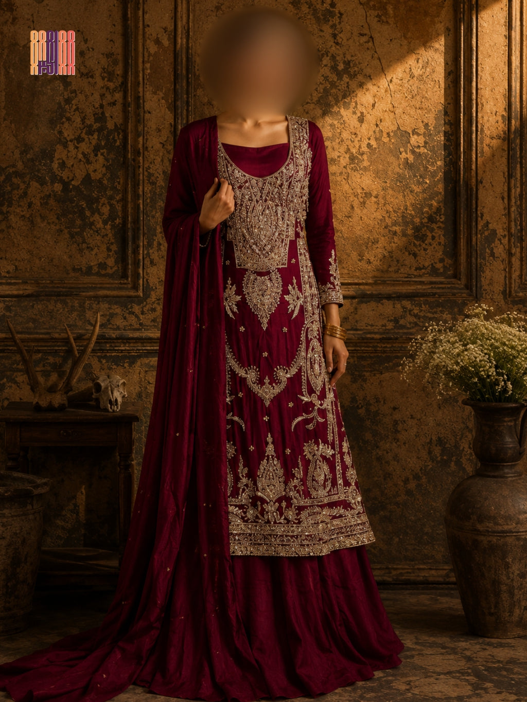 Party wear PW037 full view – maroon tassel silk with kora dabka hand work Pakistani party wear dress for women
