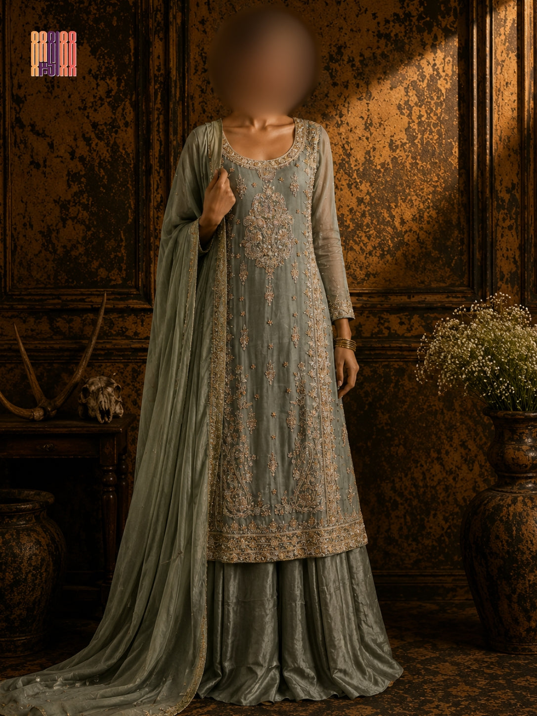 Party wear PW036 full view – pista tassel silk with kora dabka hand work Pakistani party wear dress for women
