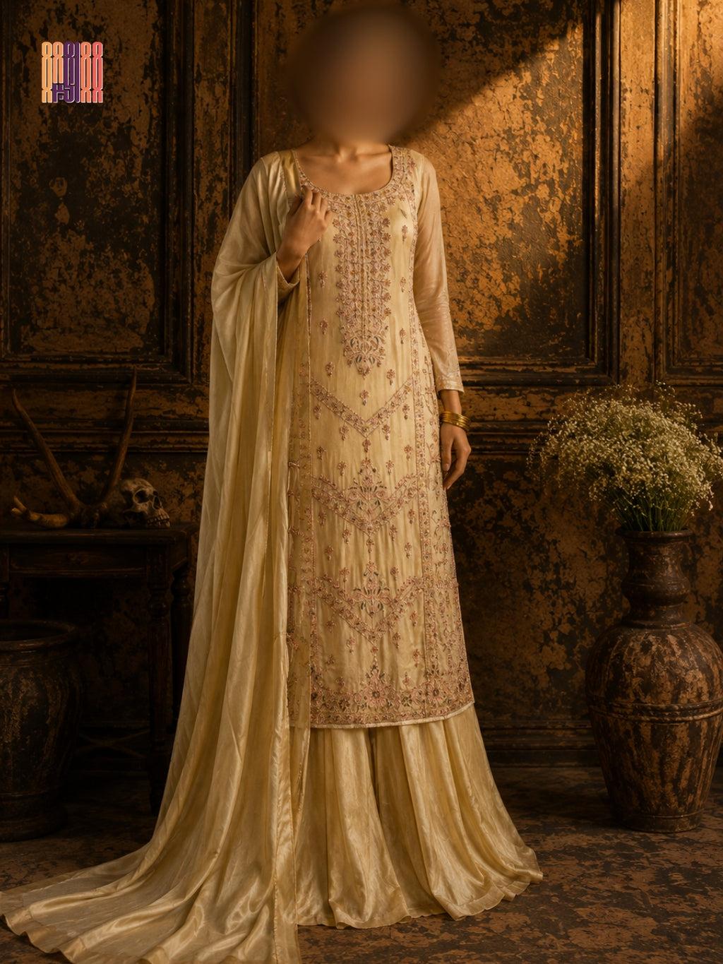 Party wear PW034 full view – skin gold tassel silk with kora dabka hand work Pakistani party wear dress for women
