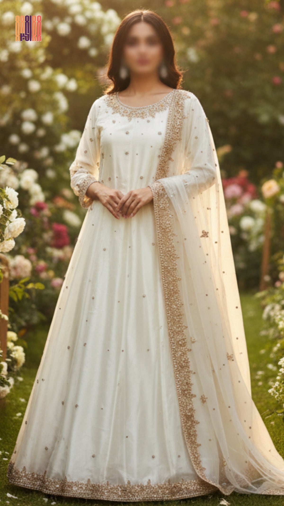 Bridal party wear maxi stitched suit off-white with golden embroidery – nikah dress for girls Pakistan PW042
