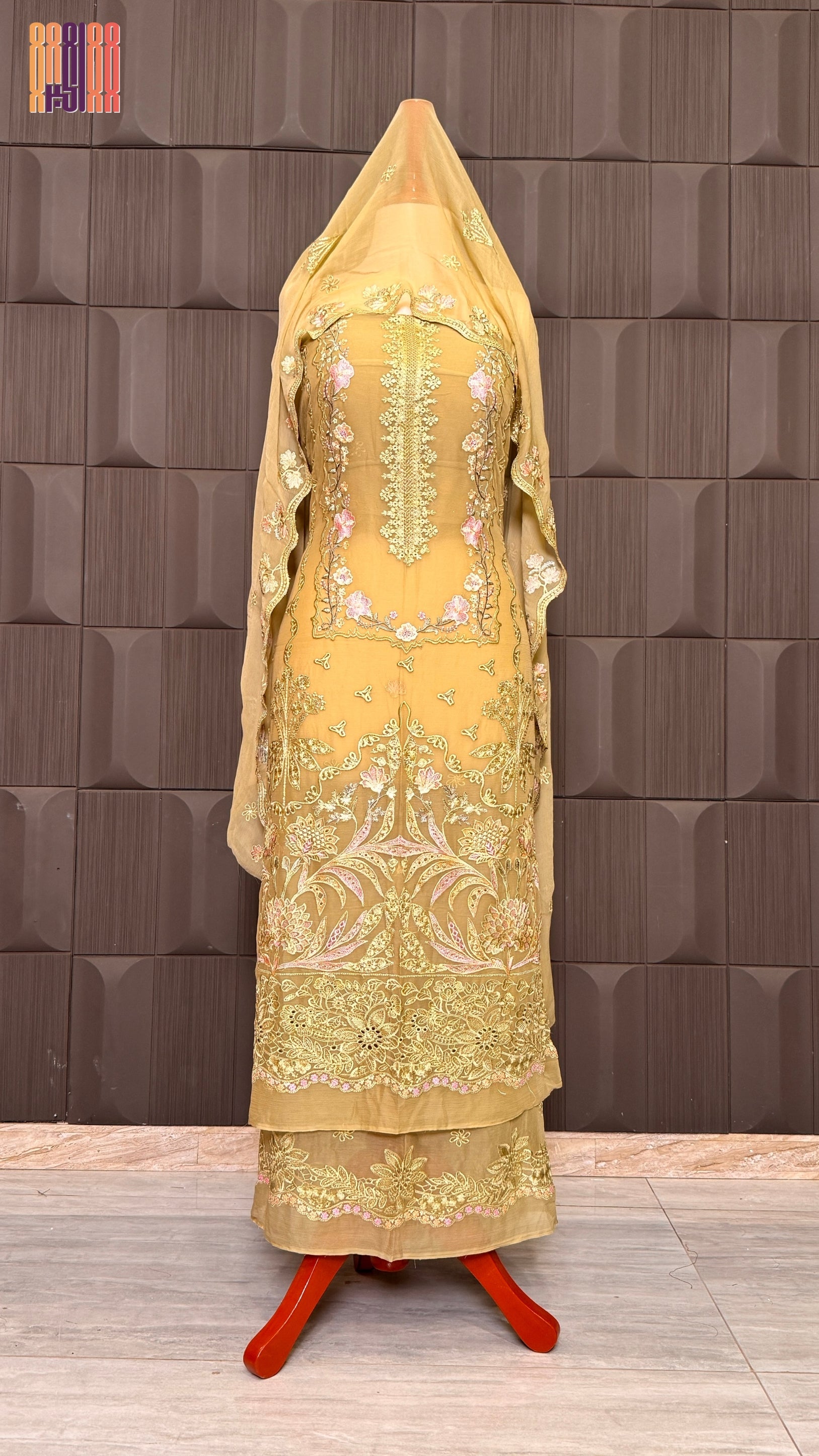 Thread work embroidery suit PWT001 full view – crinkle chiffon with embroidery thread work Pakistani thread work dress for women
