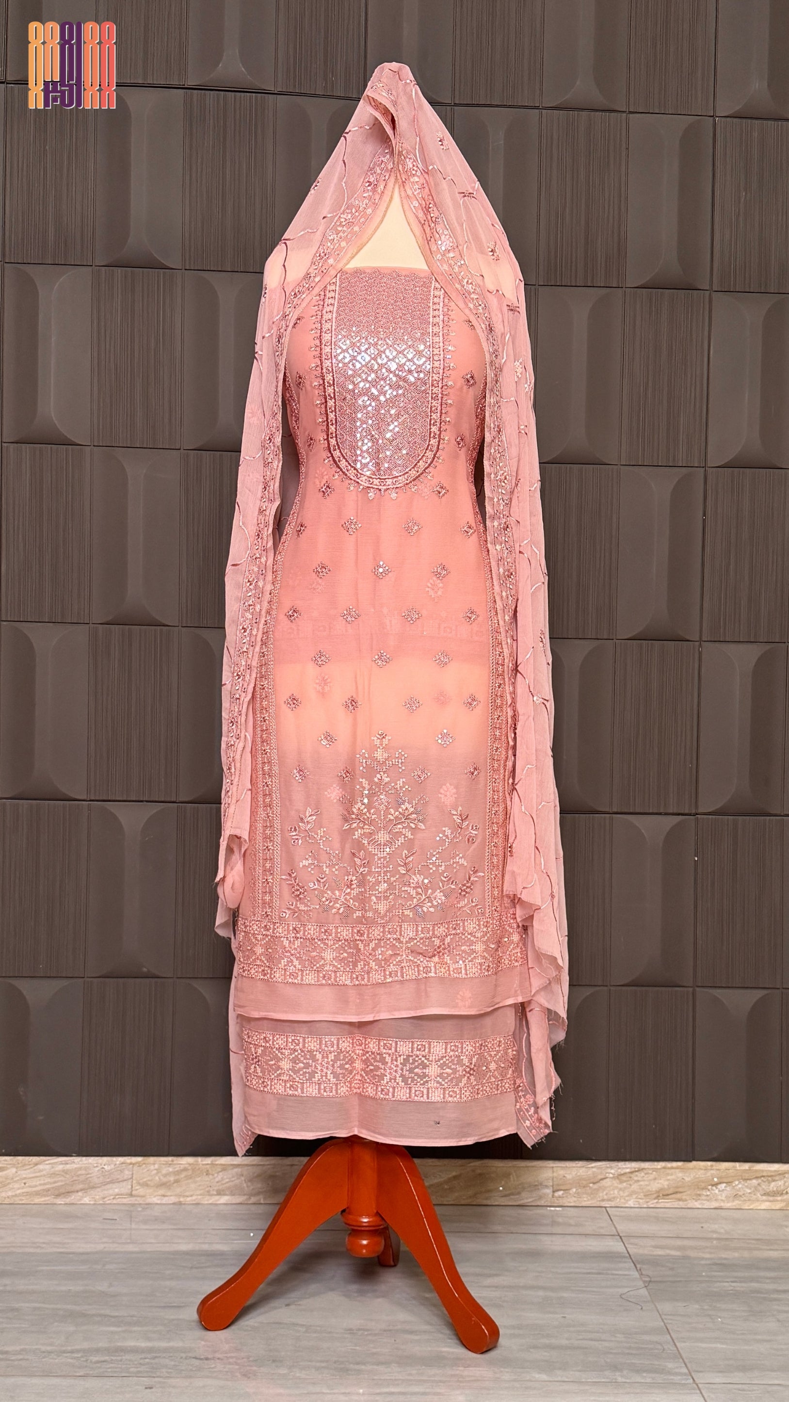 Thread work embroidery suit PWT002 full view – crinkle chiffon with embroidery thread work Pakistani thread work dress for women
