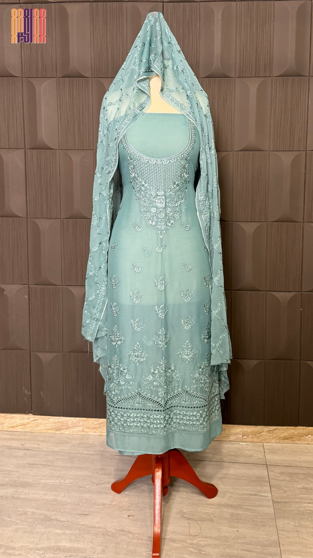 Thread work embroidery suit PWT004 full view – crinkle chiffon with embroidery thread work Pakistani thread work dress for women
