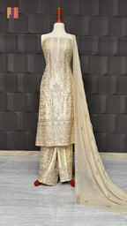 Thread work embroidery suit PWT006 full view – silk china patti with embroidery thread work Pakistani thread work dress for women
