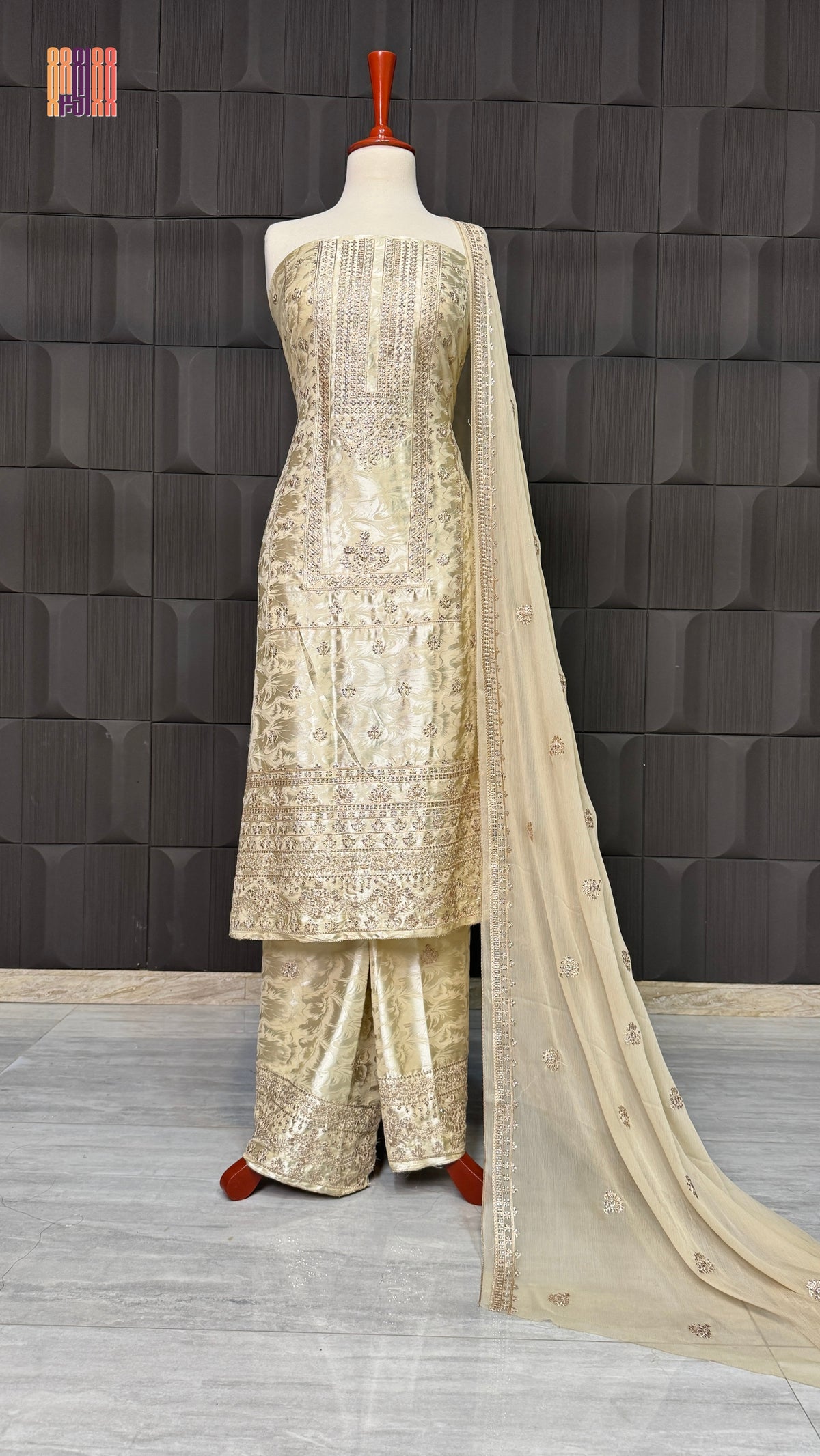Thread work embroidery suit PWT006 full view – silk china patti with embroidery thread work Pakistani thread work dress for women
