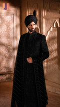 sherwani for men 5pcs set in black Raw silk with cutdana embroidery by The Akbar Mall
