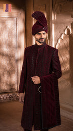 sherwani for men 5pcs set in maroon Raw silk with cutdana embroidery by The Akbar Mall
