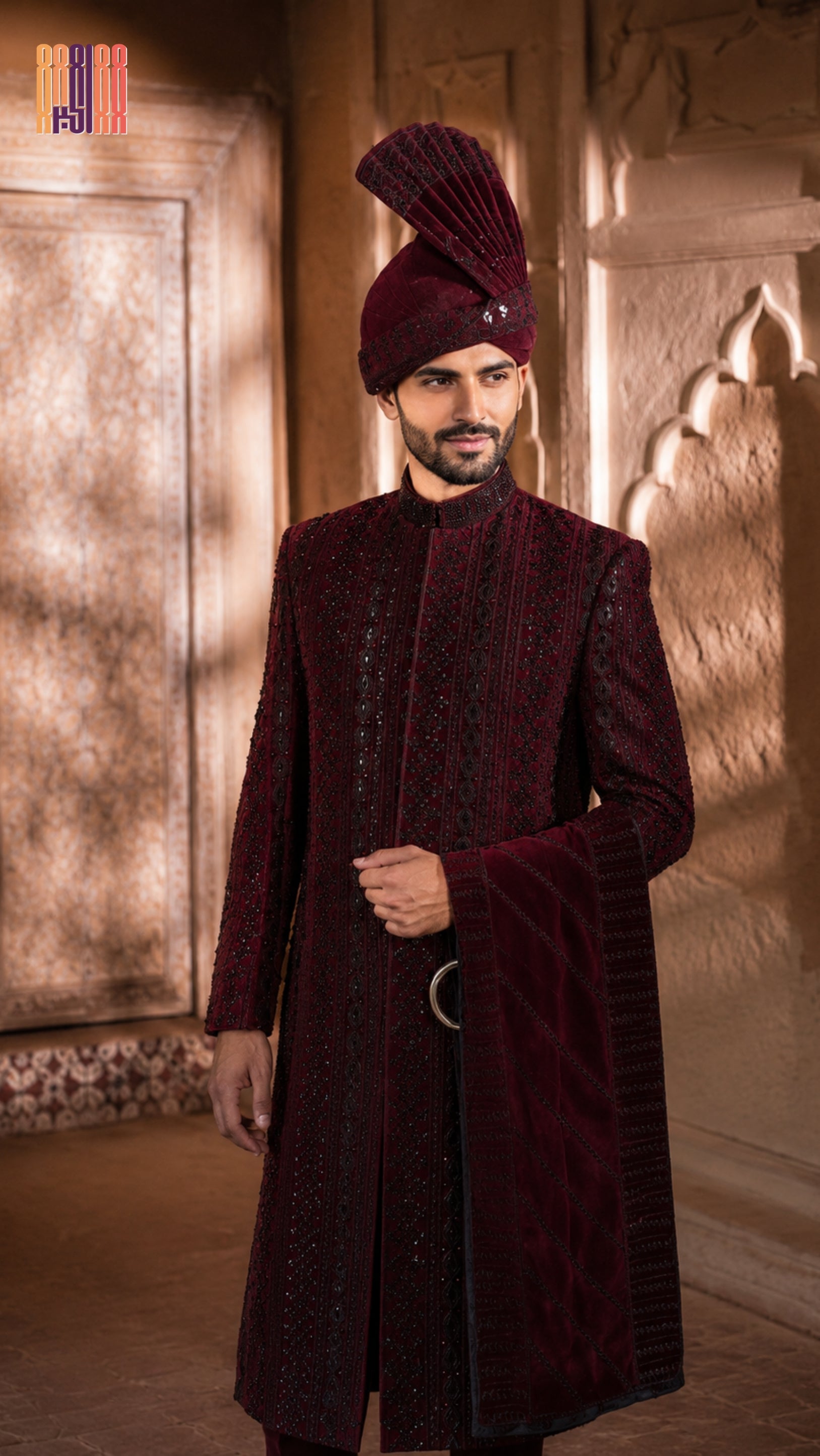 sherwani for men 5pcs set in maroon Raw silk with cutdana embroidery by The Akbar Mall
