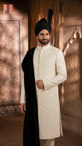sherwani for men 5pcs set in off white Raw silk with cutdana embroidery by The Akbar Mall
