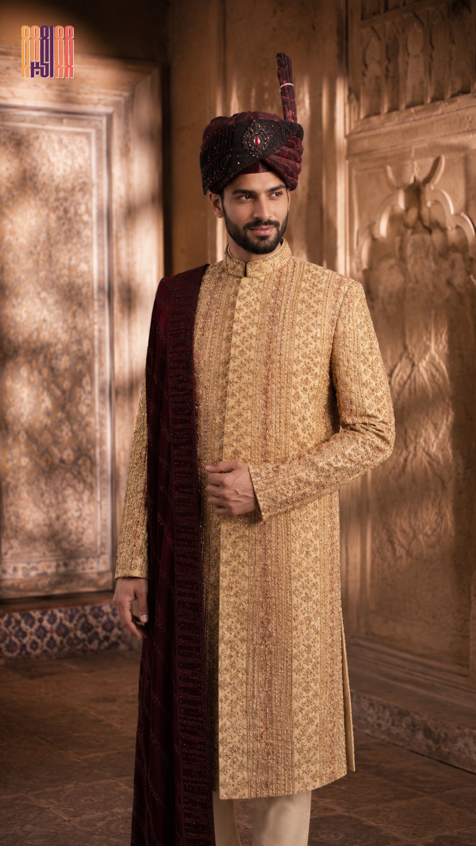 sherwani for men 5pcs set in skin gold Raw silk with cutdana embroidery by The Akbar Mall
