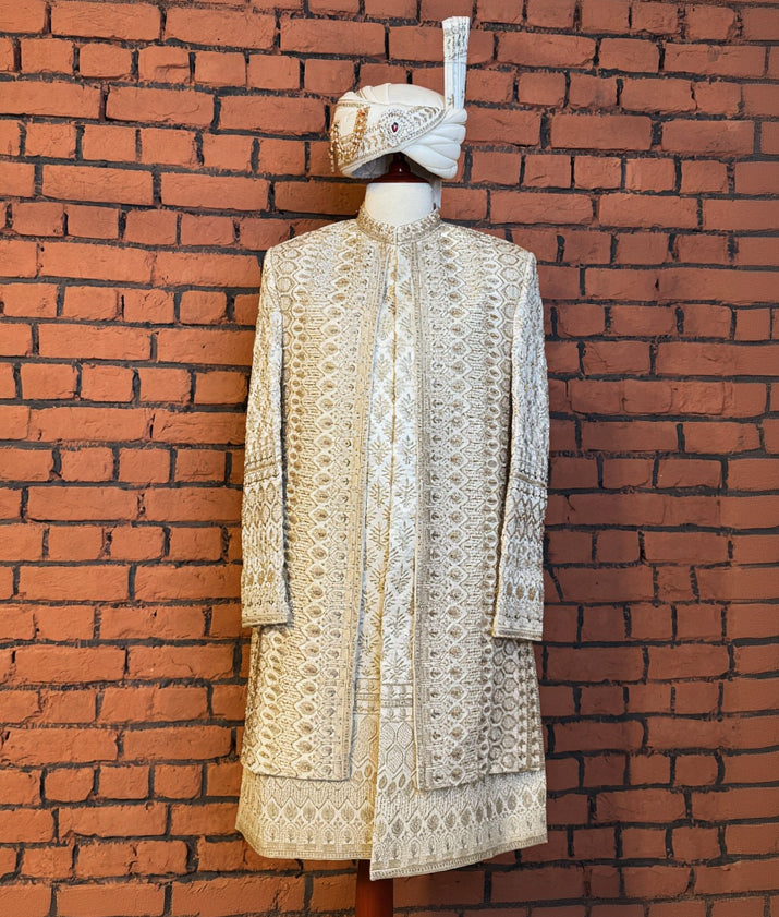 sherwani for men 5pcs set in cream Raw silk with cutdana embroidery by The Akbar Mall
