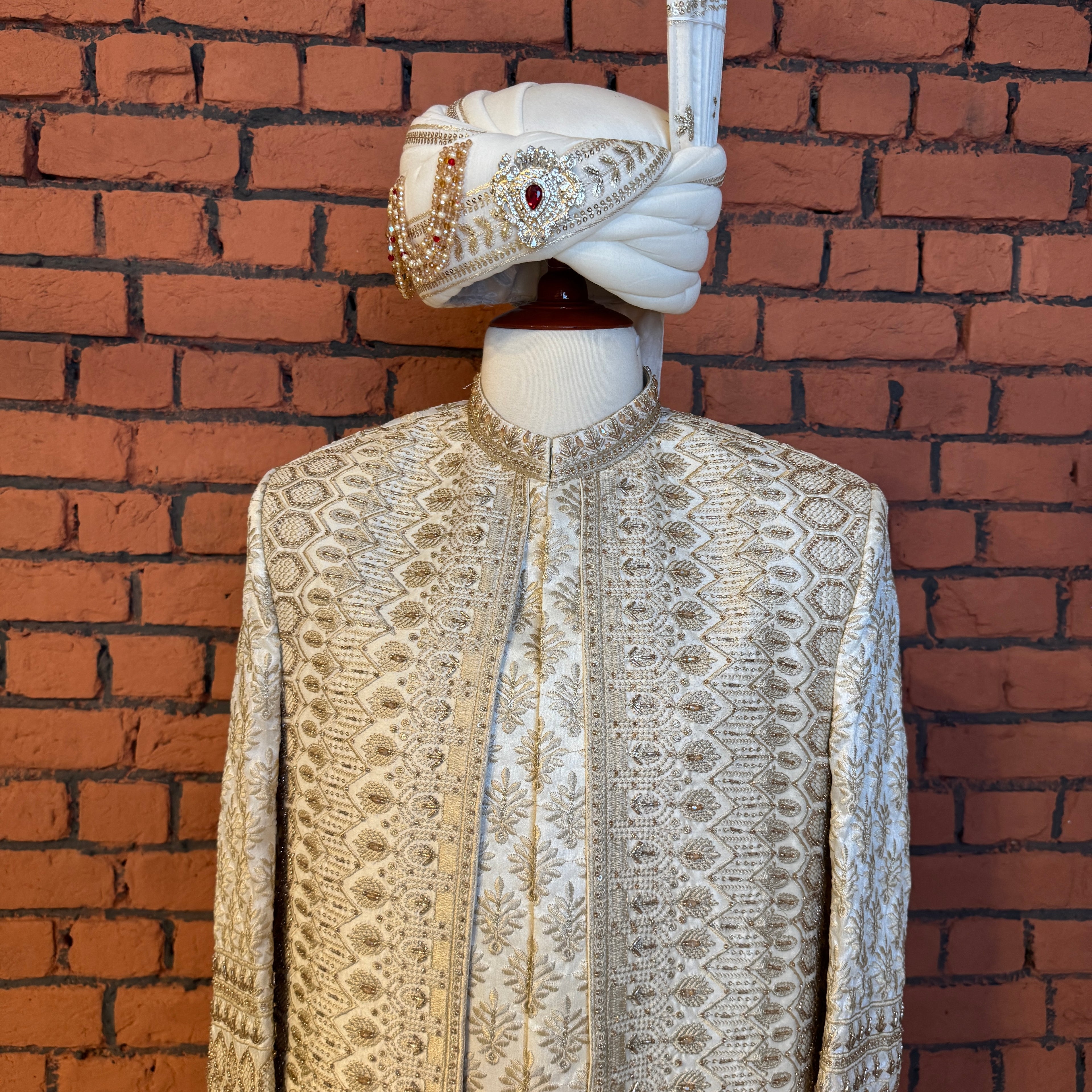 sherwani for men cream collar and neckline embroidery detail
