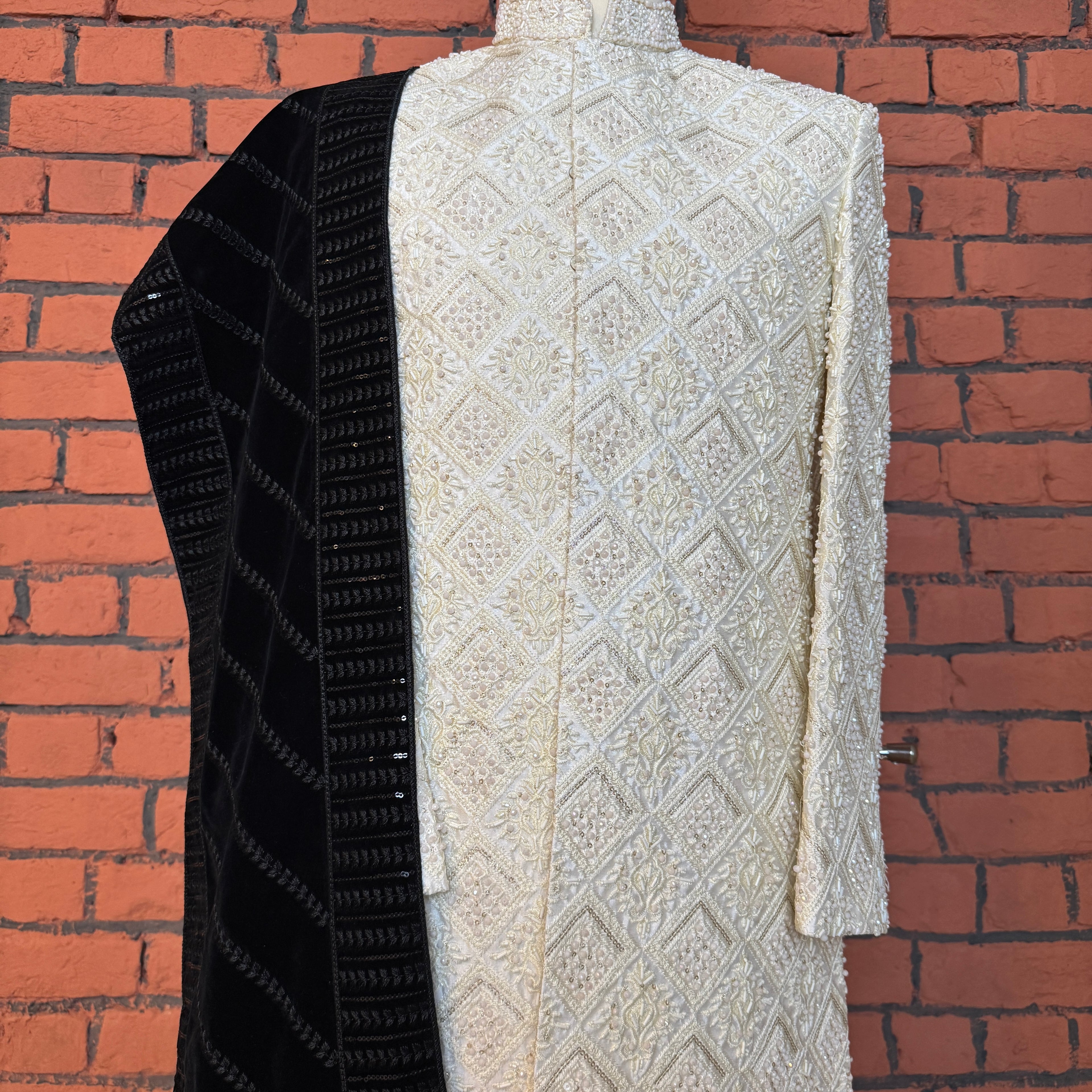 sherwani for men off white collar and neckline embroidery detail
