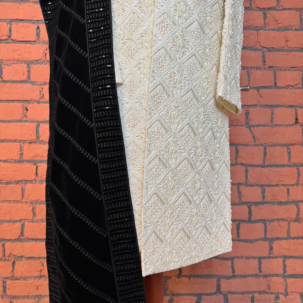 sherwani for men off white sequins and crystal embroidery close-up
