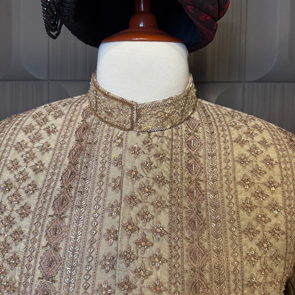 sherwani for men skin gold collar and neckline embroidery detail
