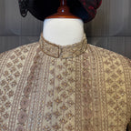 sherwani for men skin gold collar and neckline embroidery detail
