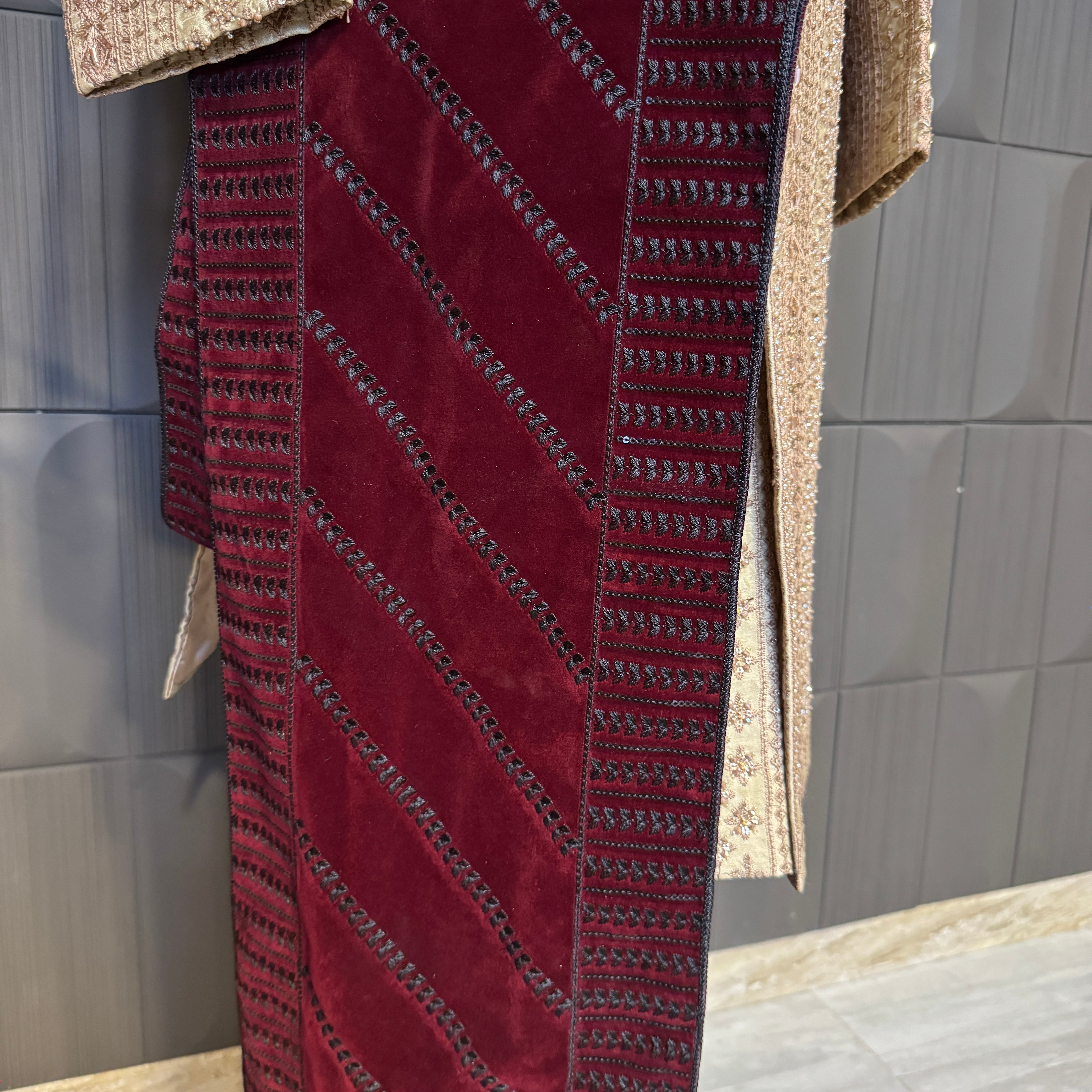 sherwani shawl skin gold Raw silk – complete sherwani for men set by The Akbar Mall
