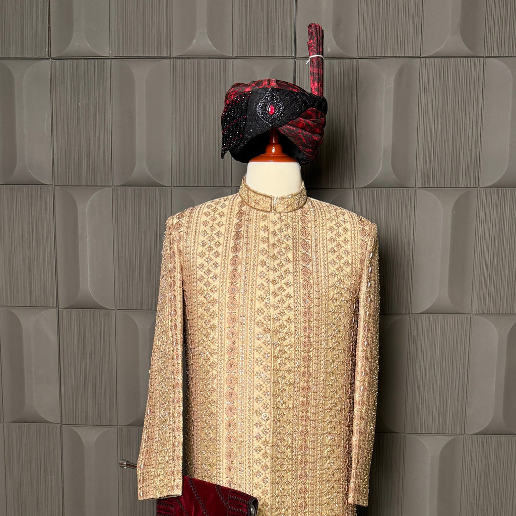 sherwani for men 5pcs set in skin gold Raw silk with cutdana embroidery by The Akbar Mall
