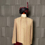 sherwani for men 5pcs set in skin gold Raw silk with cutdana embroidery by The Akbar Mall
