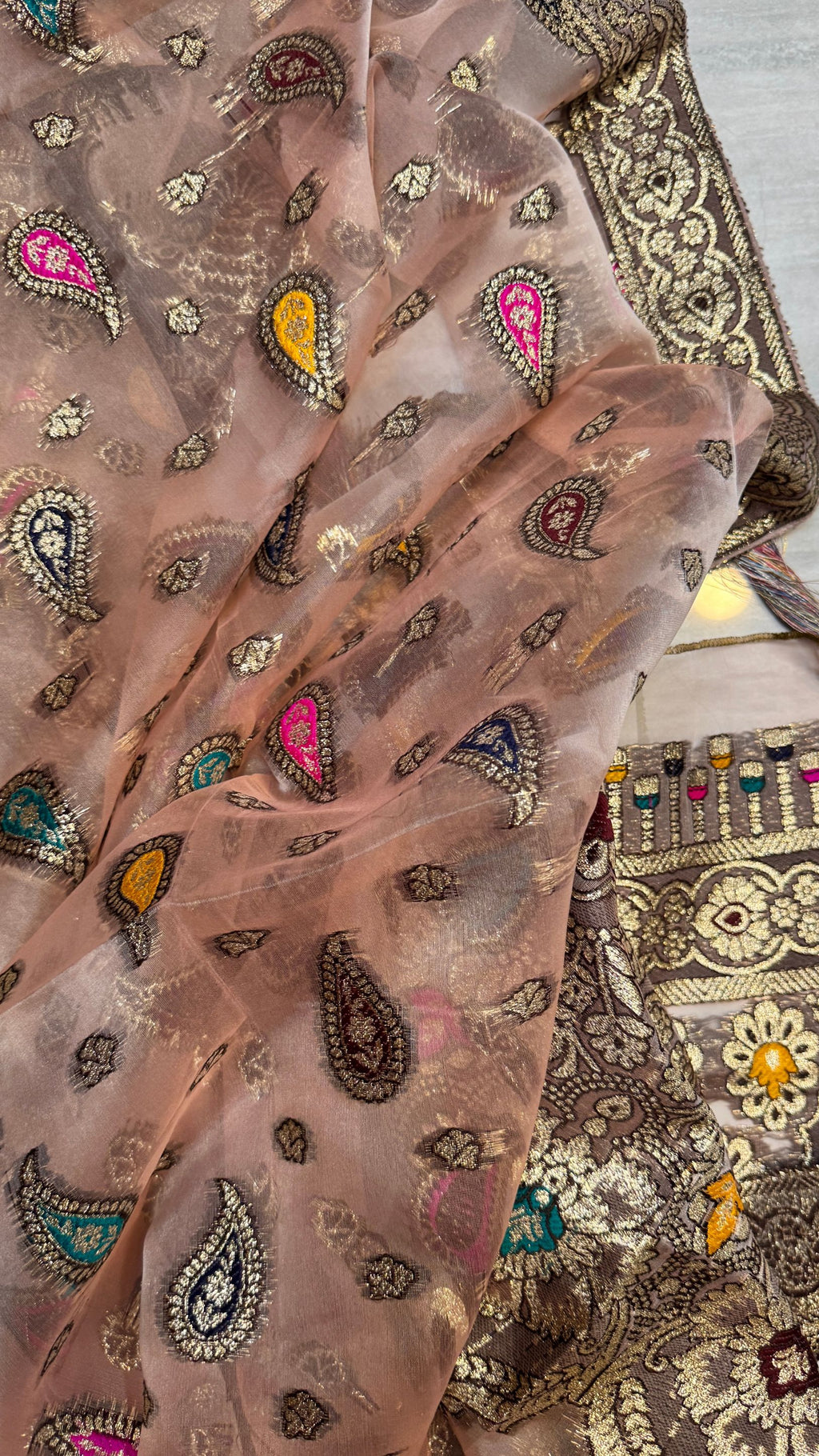 Peach banarsi full work dupatta organza thread embroidery suit PWt009 Pakistan
