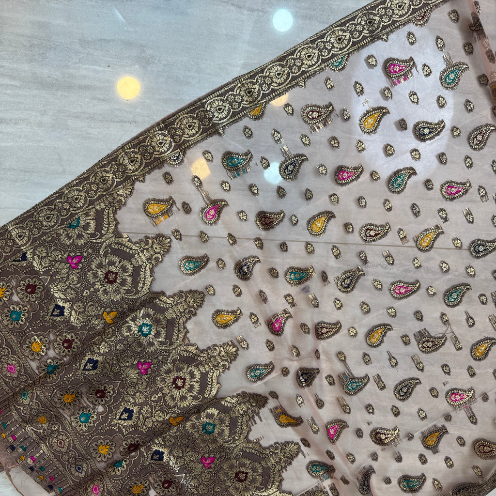 Peach banarsi full work dupatta organza thread embroidery suit PWt009 Pakistan
