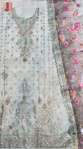 Thread work khaadi suit light aqua machine embroidery printed dupatta partywear PWT010 Pakistan
