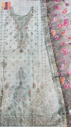Thread work khaadi suit light aqua machine embroidery printed dupatta partywear PWT010 Pakistan
