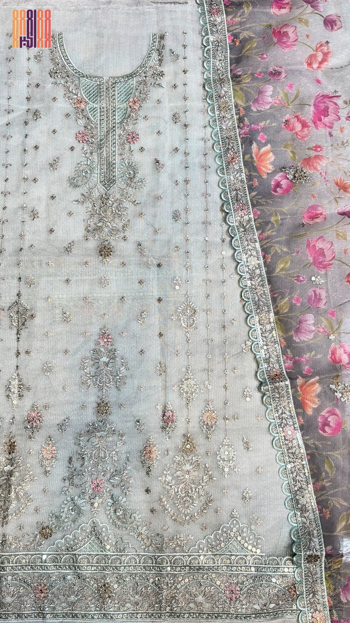 Thread work khaadi suit light aqua machine embroidery printed dupatta partywear PWT010 Pakistan
