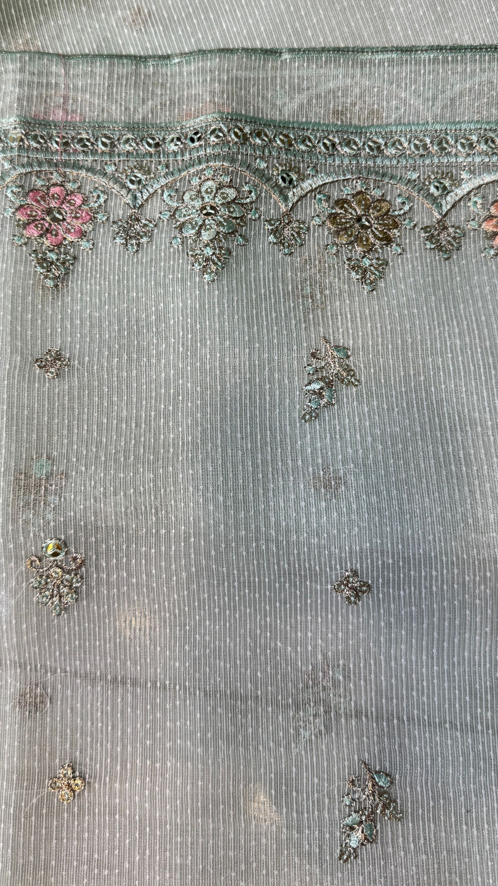 Light aqua khaadi sleeve sequin border machine thread embroidery suit PWT010 Pakistan
