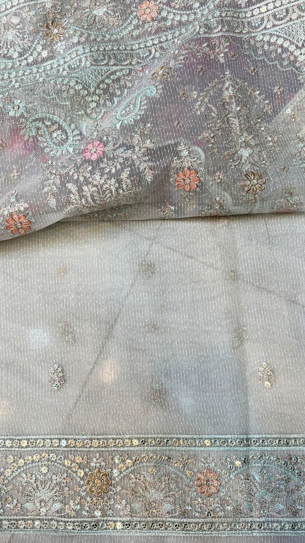 Light aqua khaadi thread embroidery back work suit banarsi dupatta PWT010 Pakistan
