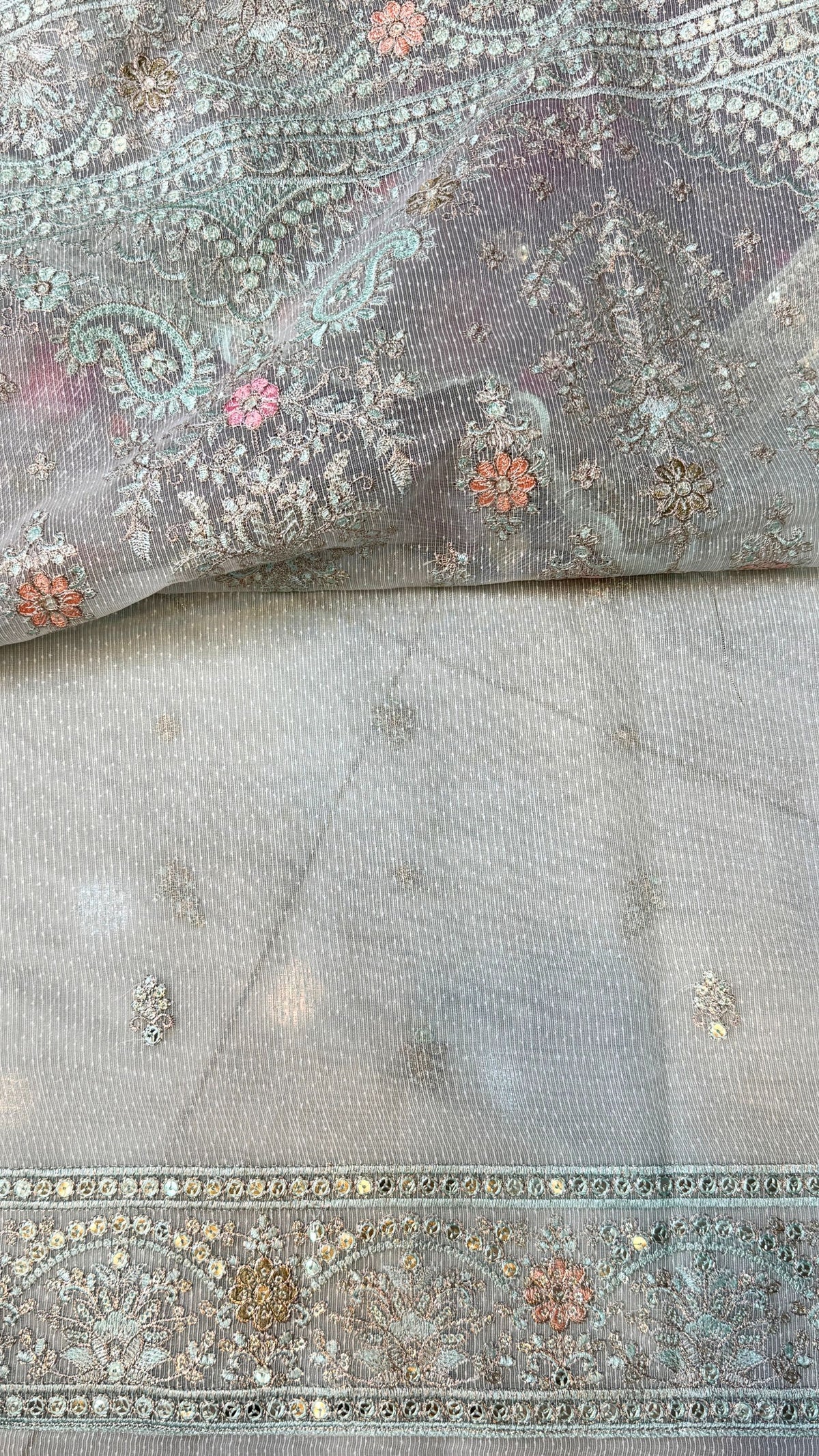 Light aqua khaadi thread embroidery back work suit banarsi dupatta PWT010 Pakistan
