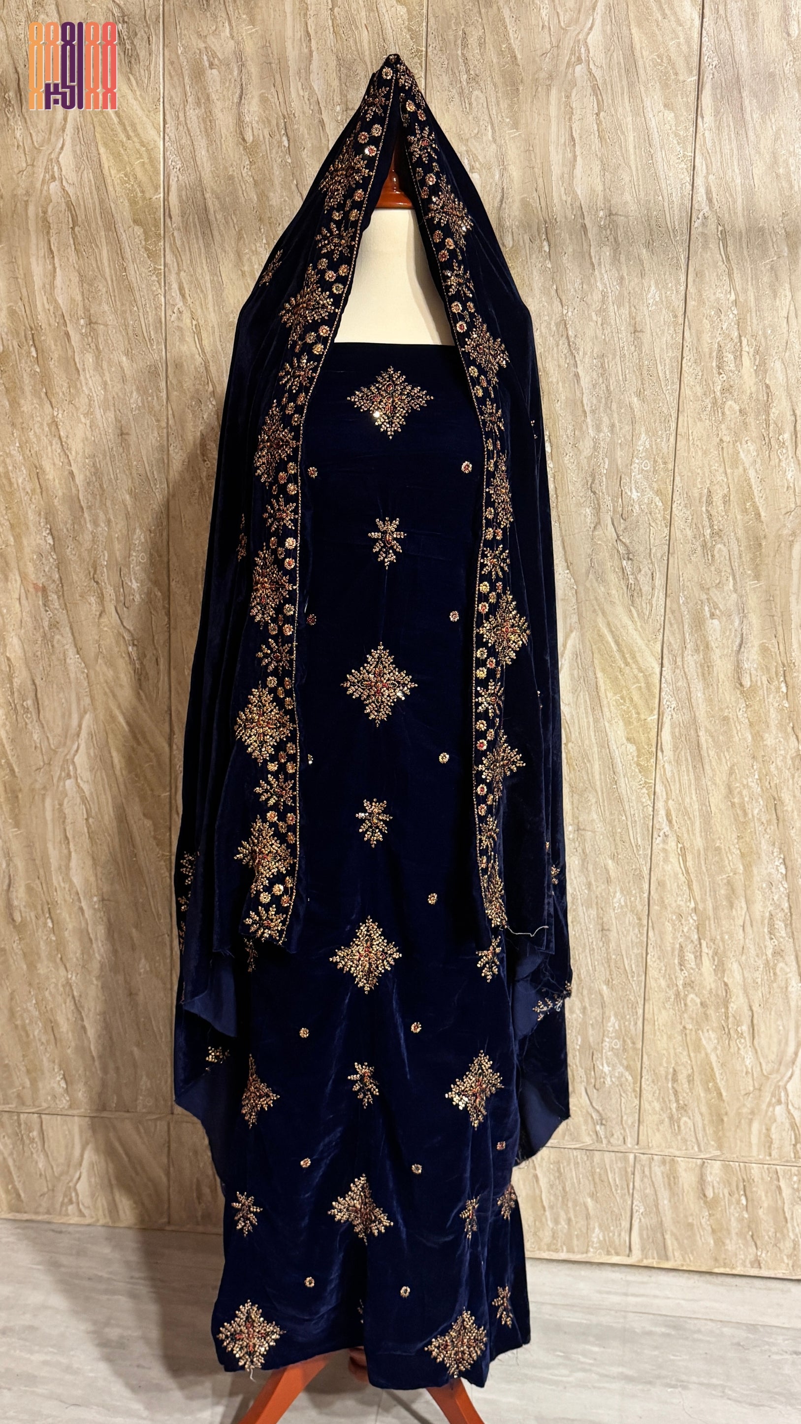 Velvet Embroidered Dress 3pcs Unstitched Suit in Blue – Micro Velvet 9000 Front Embroidery
