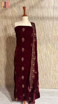 Velvet Embroidered Dress 3pcs Unstitched in Maroon – Micro Velvet 9000 Front Embroidery
