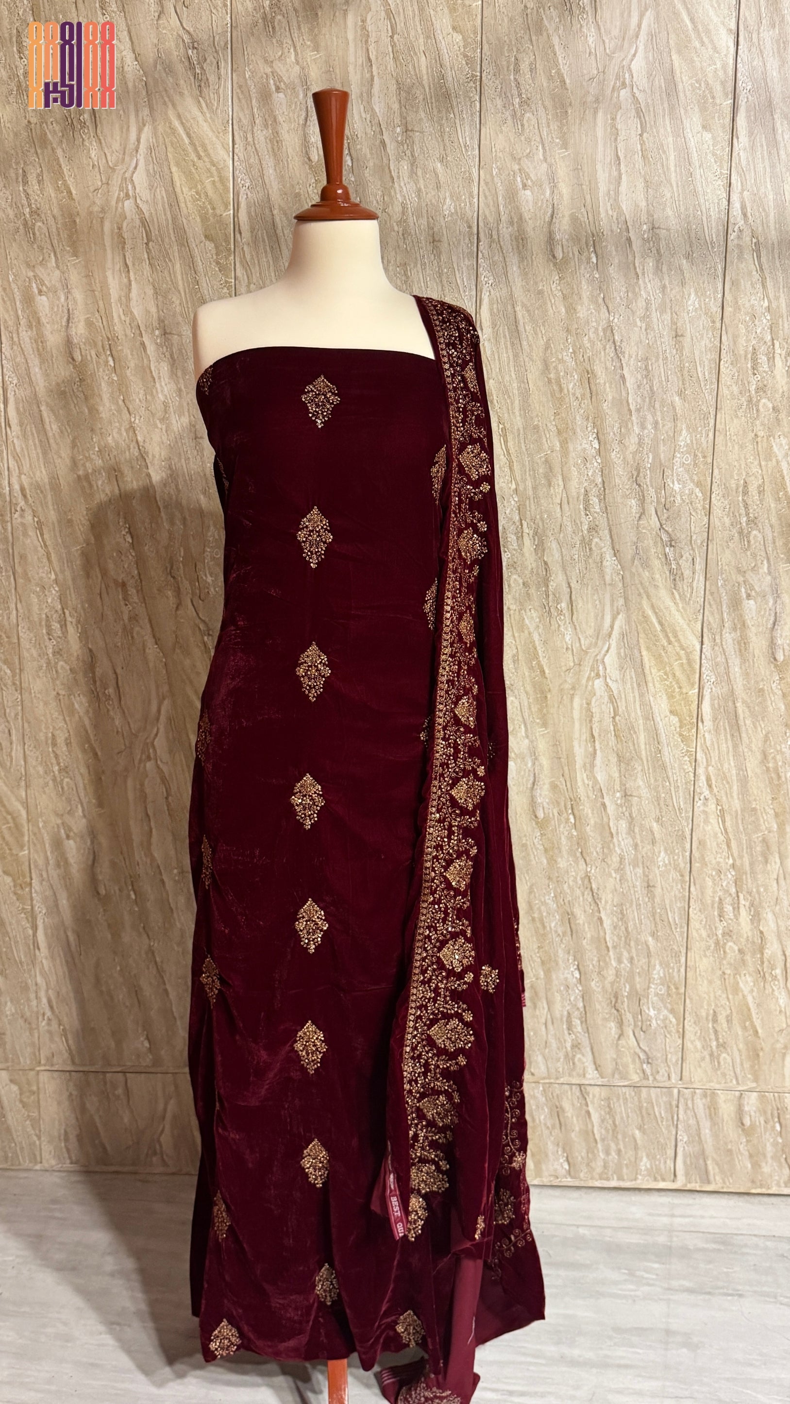 Velvet Embroidered Dress 3pcs Unstitched in Maroon – Micro Velvet 9000 Front Embroidery
