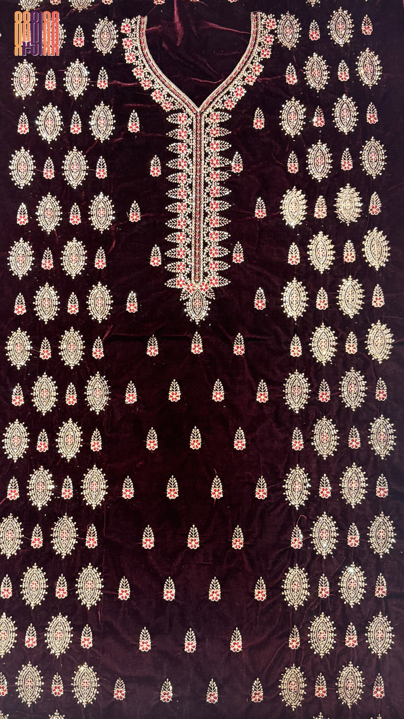 Velvet Embroidered Dress Maroon 3pcs Unstitched – Pakistani Velvet Embroidered Suit Pakistan
